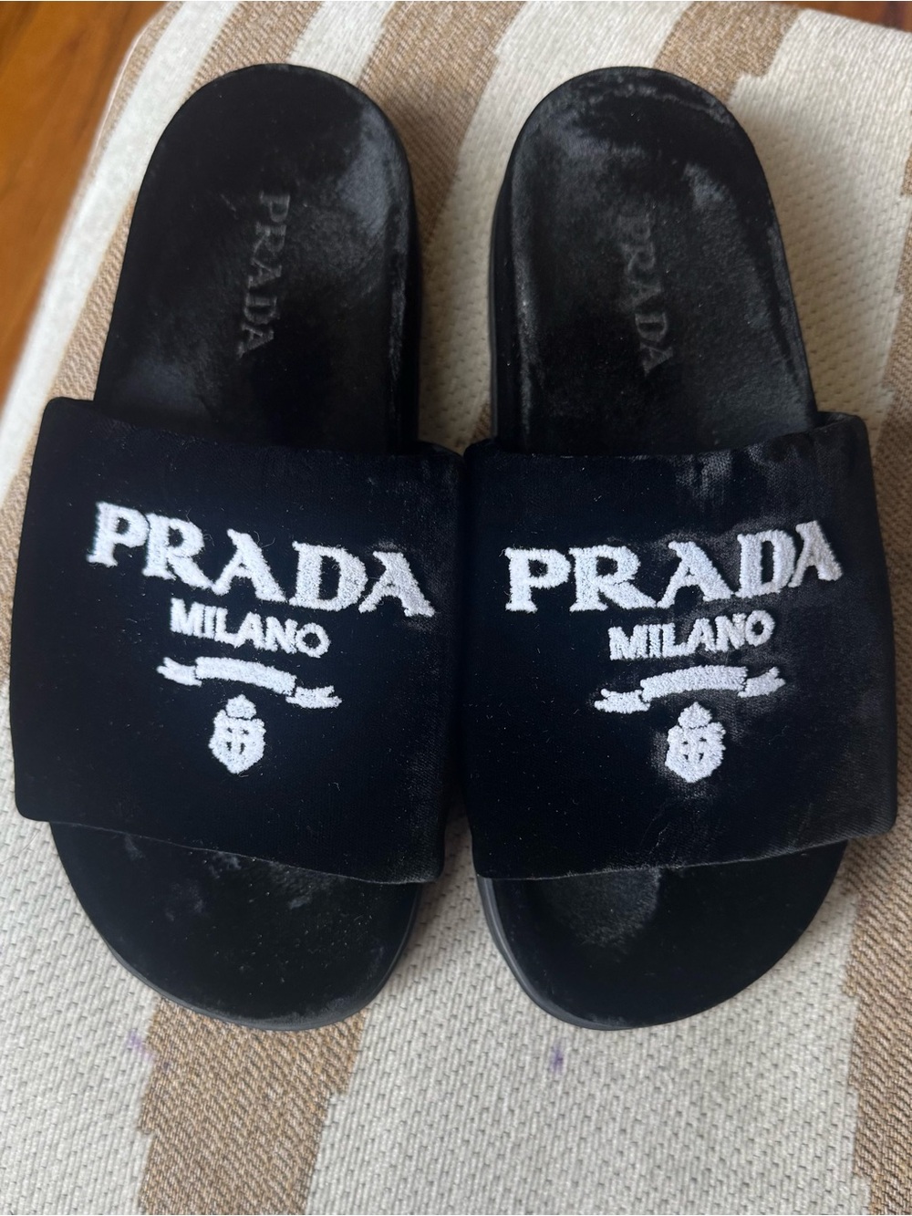Prada Black Velvet Slide Sandals with White Logo Embroidery